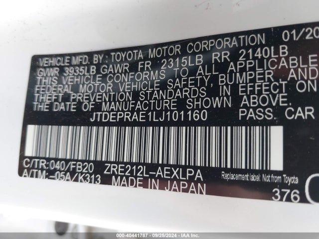Toyota COROLLA LE 2020 JTDEPRAE1LJ101160 Image 9