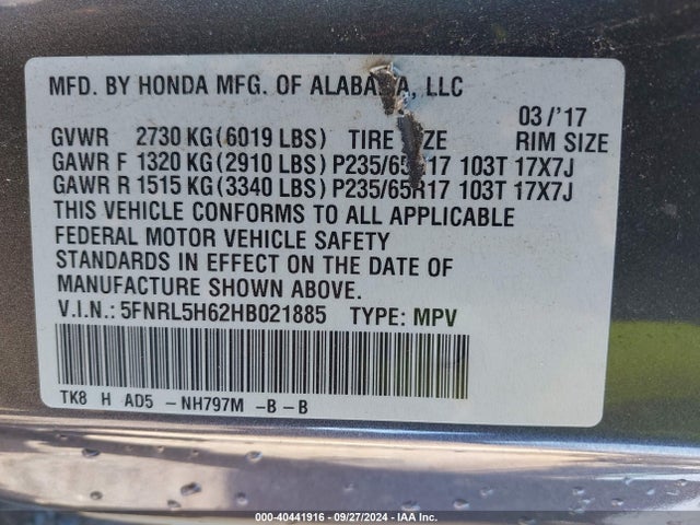 Honda Odyssey Ex-l 2017 5FNRL5H62HB021885 Image 9