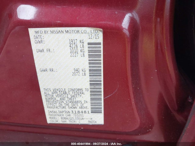 Nissan Altima 2.5 S 2016 1N4AL3AP3GN318481 Image 9