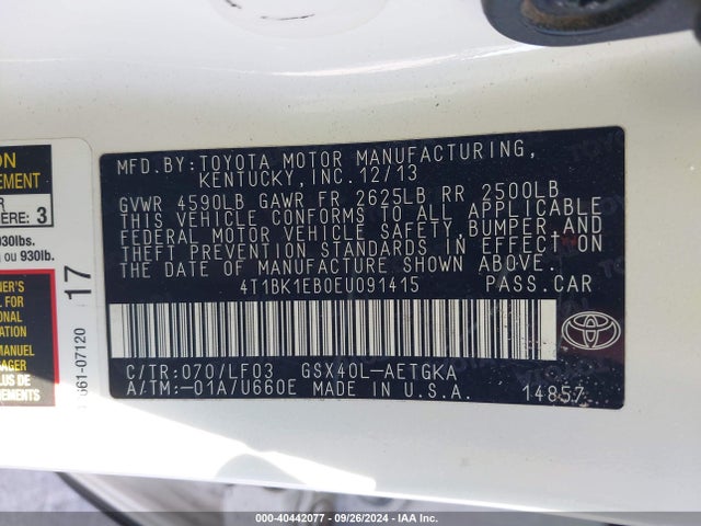 Toyota Avalon Xle Premium 2014 4T1BK1EB0EU091415 Image 9