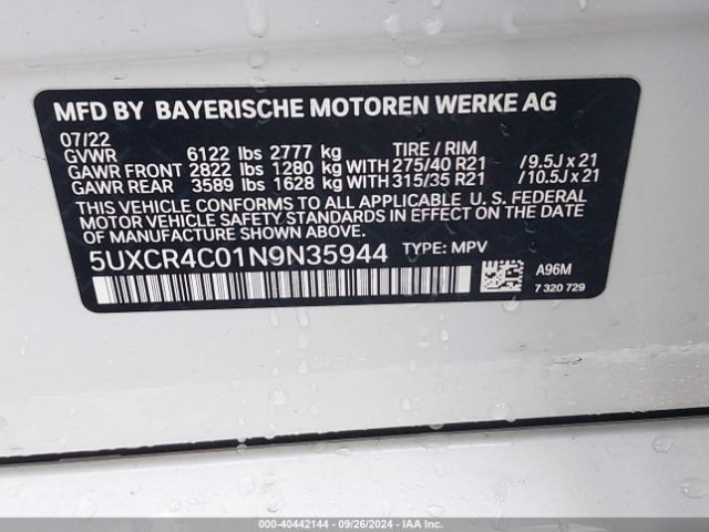 5UXCR4C01N9N35944 BMW X5 Sdrive40i