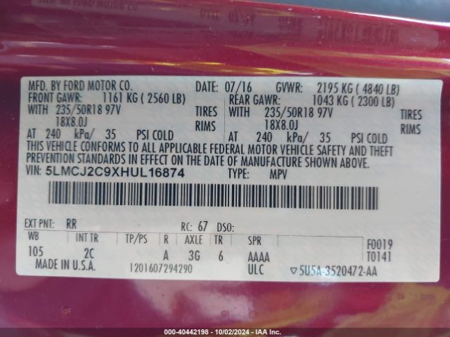 5LMCJ2C9XHUL16874 Lincoln MKC SELECT
