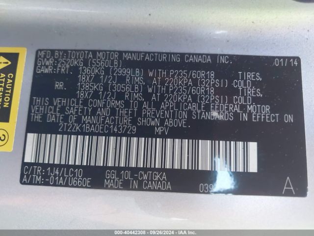 2T2ZK1BA0EC143729 Lexus RX 350