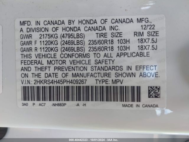 2HKRS4H45PH409267 Honda Cr-v Ex Awd