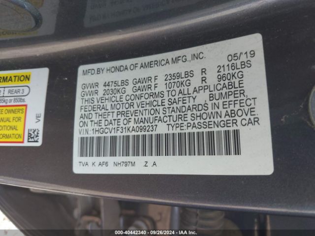 1HGCV1F31KA099237 Honda Accord Sport