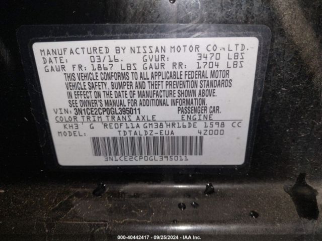 3N1CE2CP0GL395011 Nissan Versa Note S (sr)/s Plus/sl/sr/sv