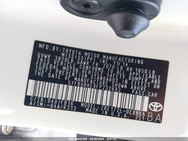 Toyota COROLLA LE 2015 5YFBURHE9FP232693 Image 9