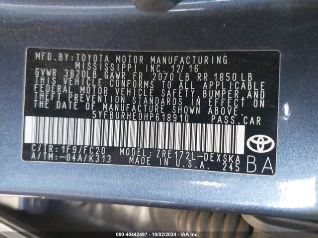Toyota COROLLA SE 2017 5YFBURHE0HP618910 Image 9