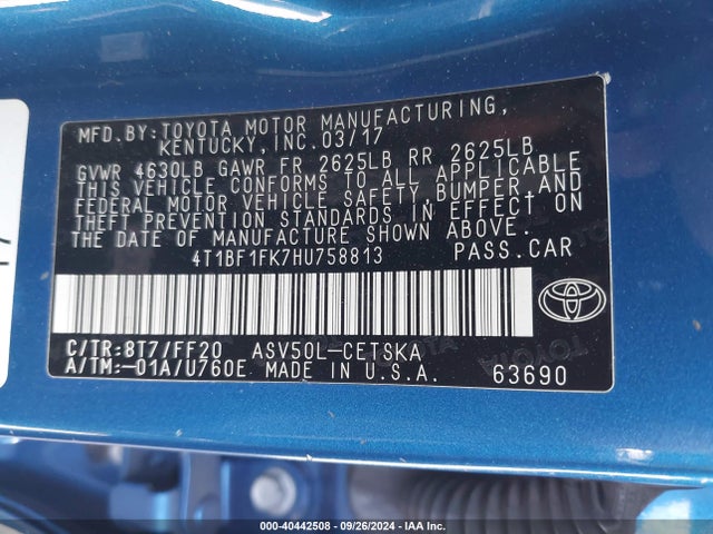 Toyota CAMRY SE 2017 4T1BF1FK7HU758813 Image 9