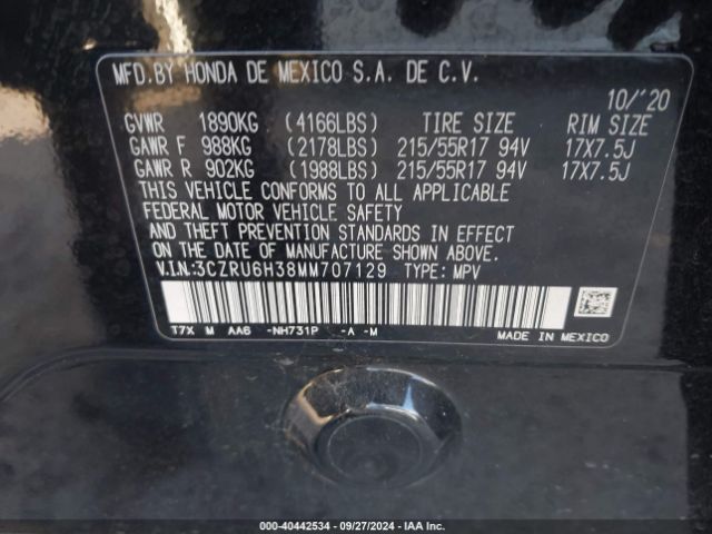 3CZRU6H38MM707129 Honda Hr-v Awd Lx