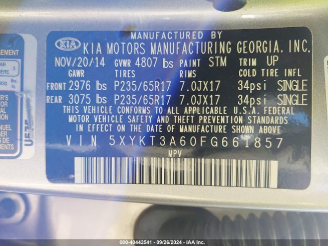 5XYKT3A60FG661857 KIA SORENTO LX
