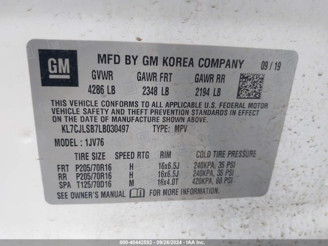 Chevrolet Trax Fwd Lt 2020 KL7CJLSB7LB030497 Image 9