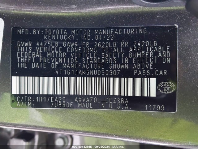Toyota CAMRY SE 2022 4T1G11AK5NU050907 Image 9