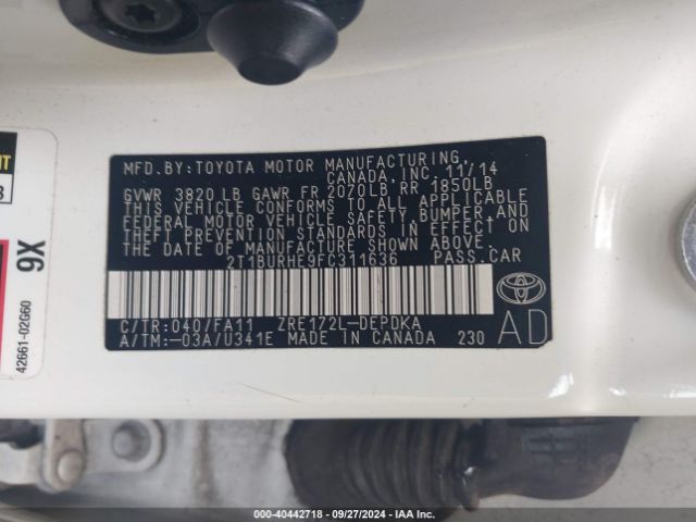 Toyota COROLLA L 2015 2T1BURHE9FC311636 Image 9