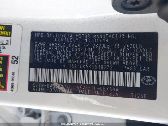 4T1B21HK5KU518272 Toyota Camry Hybrid Se