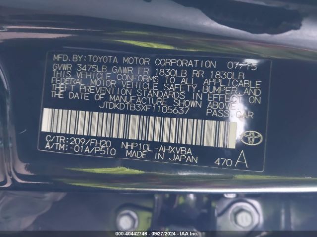 JTDKDTB3XF1105637 Toyota Prius C One