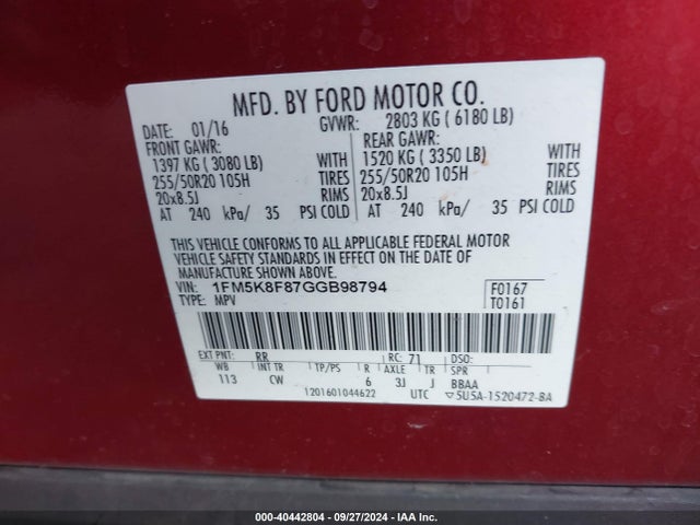 Ford Explorer Limited 2016 1FM5K8F87GGB98794 Image 9