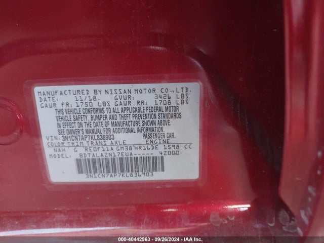 Nissan Versa 1.6 S+ 2019 3N1CN7AP7KL836903 Image 9