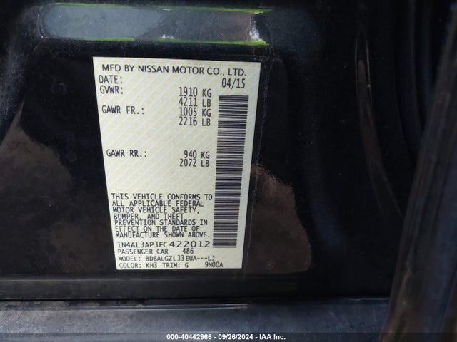 Nissan Altima 2.5 S 2015 1N4AL3AP3FC422012 Image 9