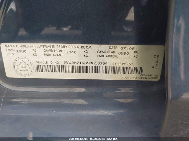 40442994 :رقم المزاد ، 3VWJM71K39M013754 vin ، 2009 Volkswagen Jetta S مزاد بيع