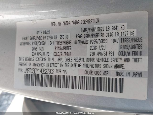 JM3TCBDY1M0527302 Mazda Cx-9 Grand Touring