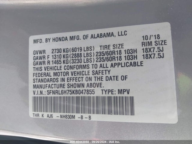 Honda Odyssey Ex-l 2019 5FNRL6H75KB047855 Image 9