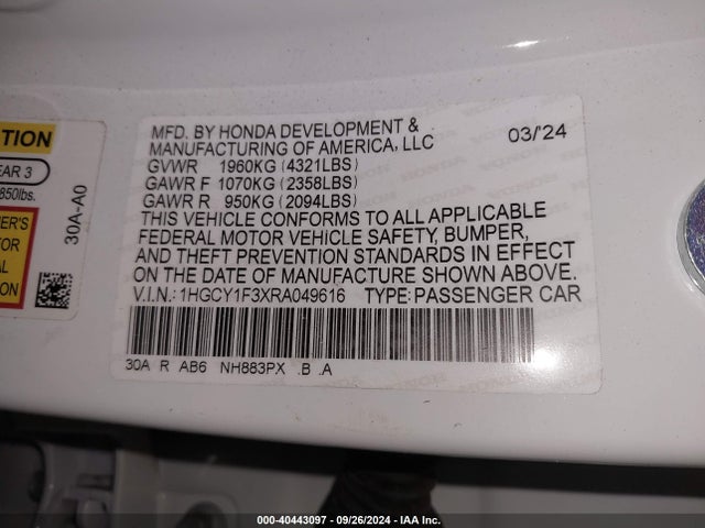 Honda ACCORD EX 2024 1HGCY1F3XRA049616 Image 9