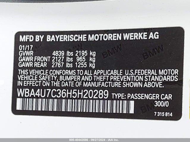 WBA4U7C36H5H20289 BMW 430I