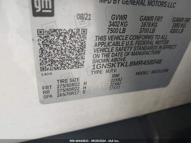 1GNSKTKL8MR458048 Chevrolet Tahoe 4wd High Country