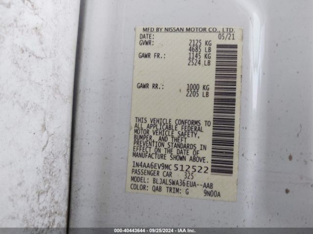 1N4AA6EV9MC512522 Nissan Maxima Sr Xtronic Cvt
