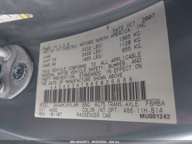 2008 MITSUBISHI ECLIPSE 4A3AK34T98E026886 Photo 8