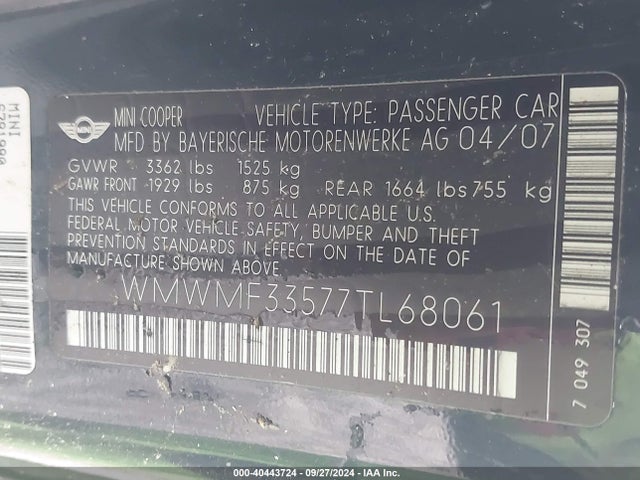 2007 MINI COOPER WMWMF33577TL68061 Photo 8
