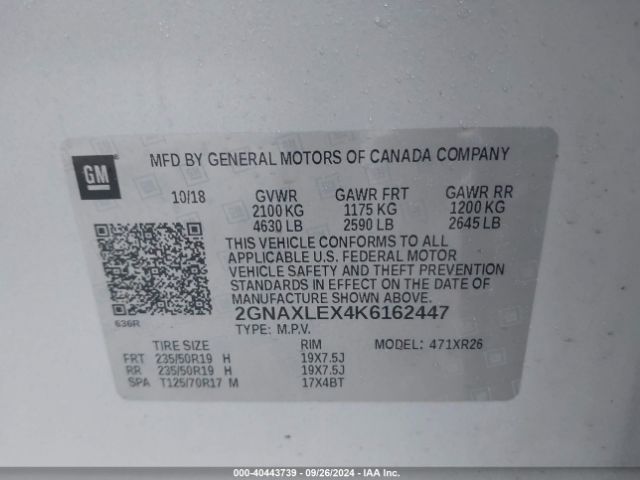2GNAXLEX4K6162447 Chevrolet EQUINOX LT