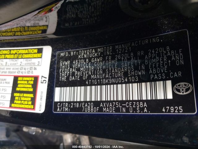 4T1G11BK9NU054103 Toyota Camry Se Awd
