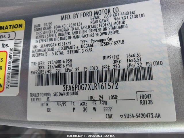 Ford FUSION S 2020 3FA6P0G7XLR161572 Image 9