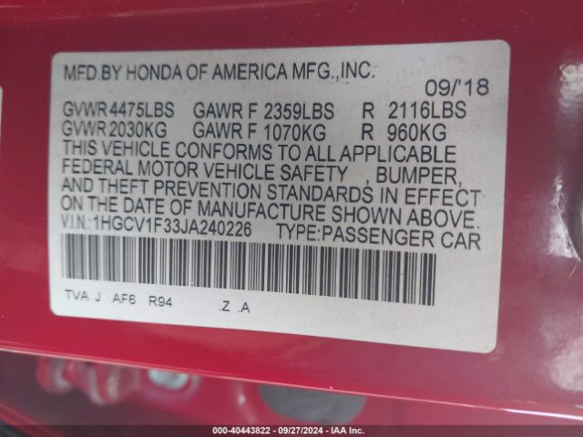 1HGCV1F33JA240226 Honda Accord Sport