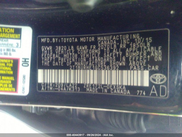 2T1BURHE1GC536392 Toyota Corolla S Premium