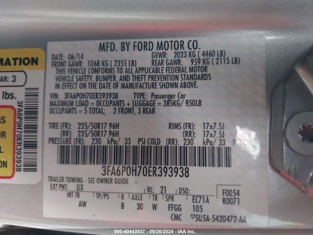 Ford FUSION SE 2014 3FA6P0H70ER393938 Image 9