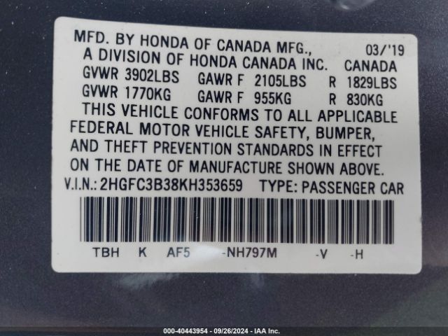2HGFC3B38KH353659 Honda CIVIC EX