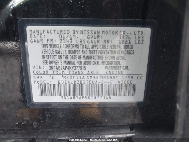 Nissan SENTRA SV 2019 3N1AB7AP4KY377915 Image 9
