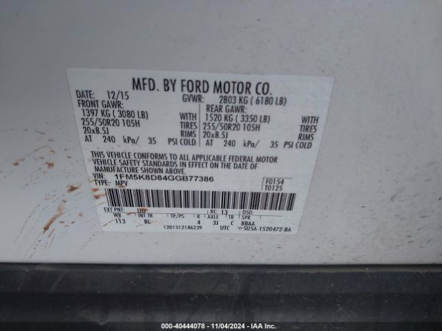 1FM5K8D84GGB77386 Ford EXPLORER XLT