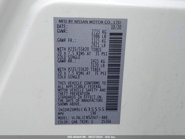 5N1DR2DM9LC635555 Nissan Pathfinder Platinum 4wd