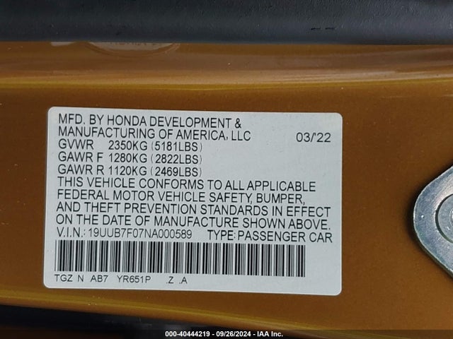 19UUB7F07NA000589 Acura Tlx Type S