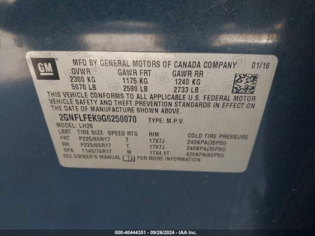 2GNFLFEK9G6250070 Chevrolet EQUINOX LT
