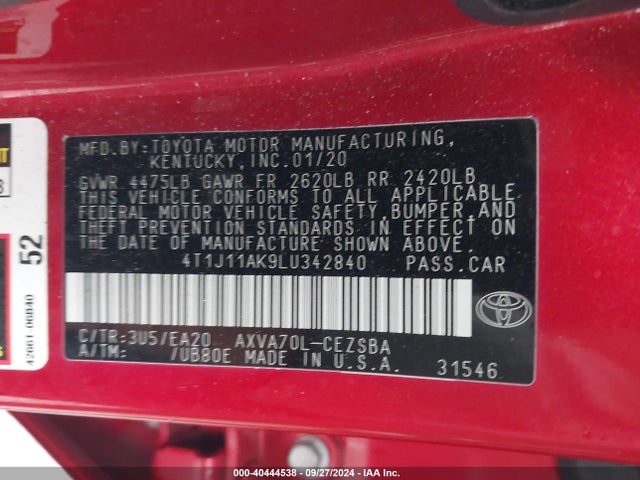Toyota CAMRY SE 2020 4T1J11AK9LU342840 Image 9