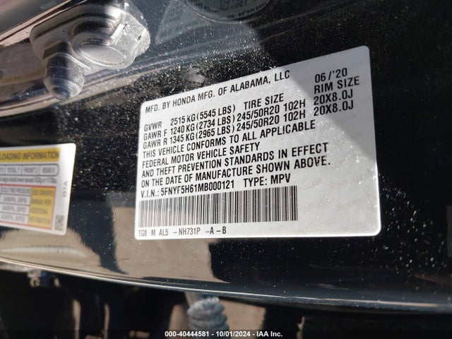 5FNYF5H61MB000121 Honda Pilot 2wd Touring 7 Passenger