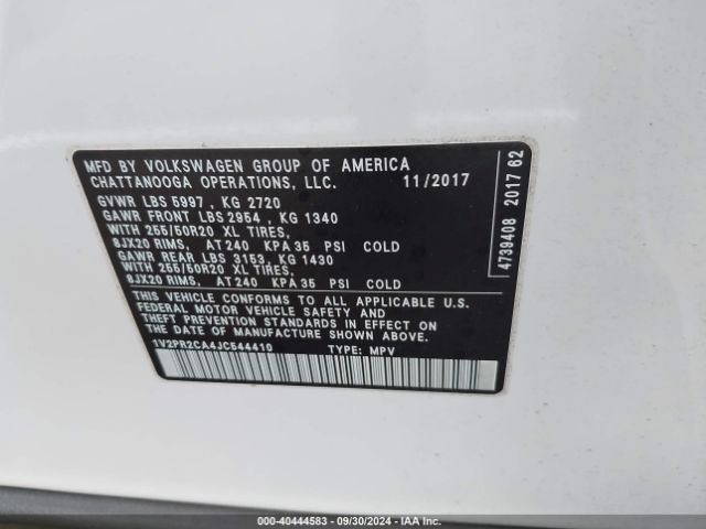 1V2PR2CA4JC544410 Volkswagen Atlas 3.6l V6 Se W/technology