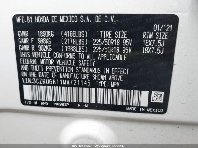 3CZRU6H11MM721145 Honda Hr-v Awd Sport
