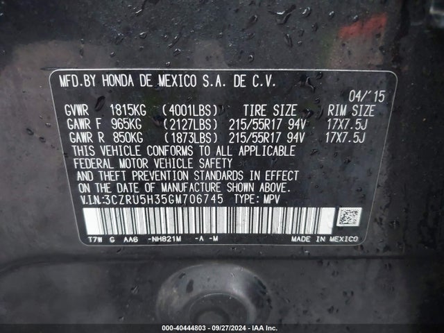 Honda HR-V LX 2016 3CZRU5H35GM706745 Image 9