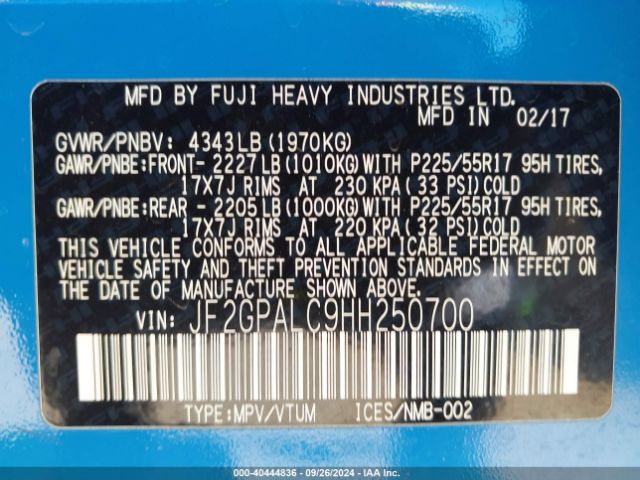JF2GPALC9HH250700 Subaru Crosstrek 2.0i Limited